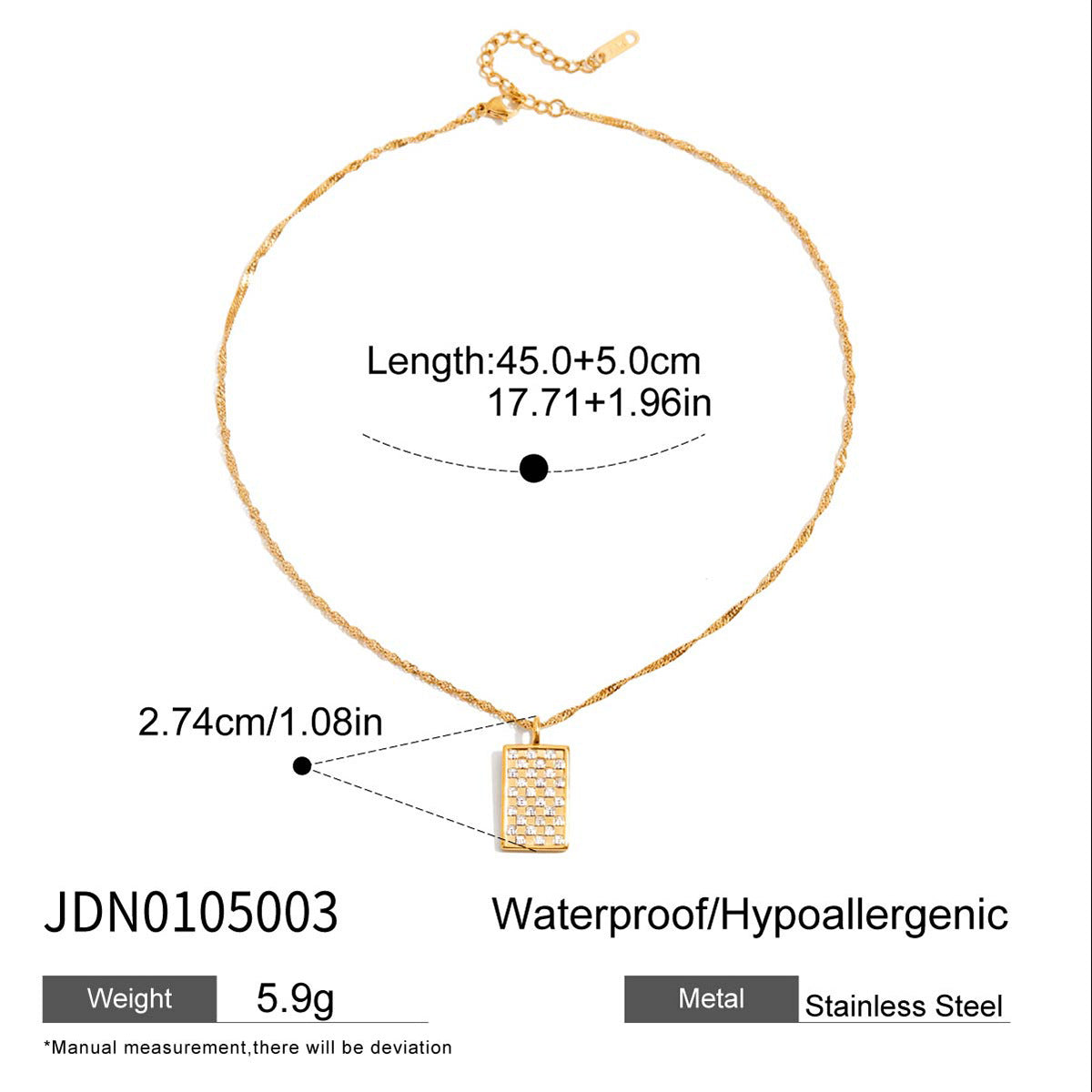 Wholesale 18K Gold  with White Diamond Rectangular Pendant Stainless Steel Necklace