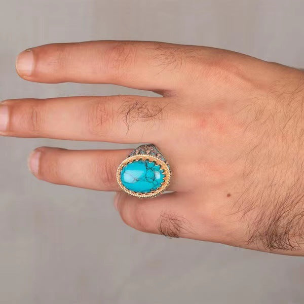 Wholesale Vintage Men' s Turquoise Inlay Ring Electroplated Two-Tone Gold Boutique Resale Jewelry Accessory