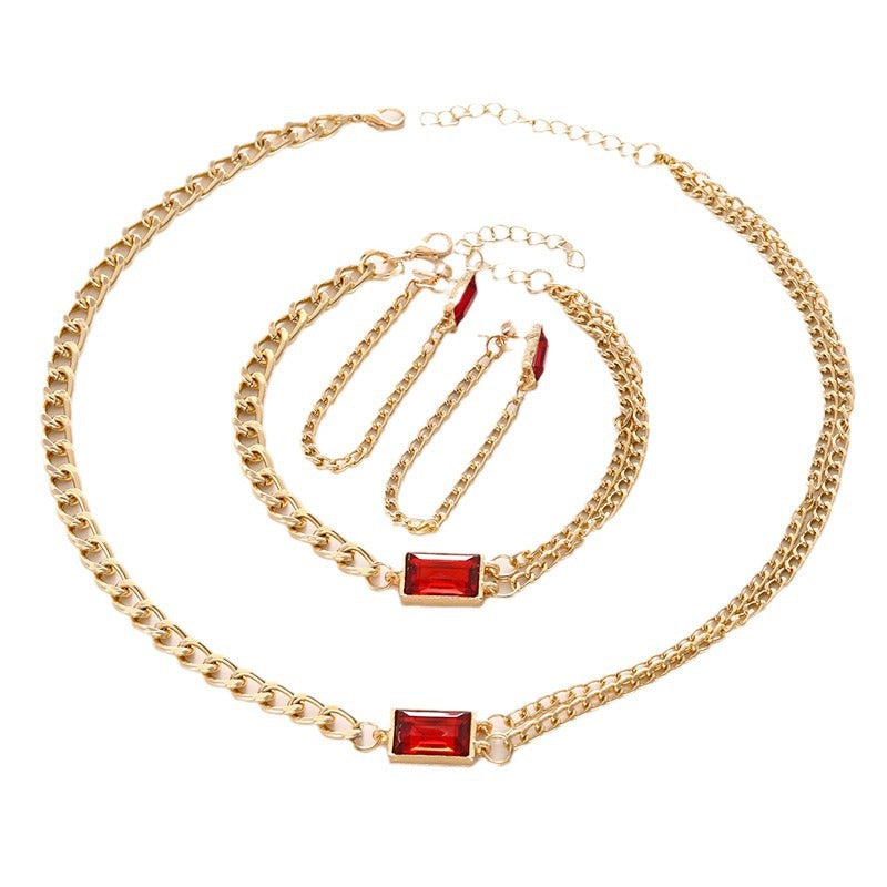 Wholesale Stylish Geometric Zircon Jewelry Set Blue Square Alloy Double Chain Layered Necklace Earrings Hand Accessory Everyday Boutique Resale