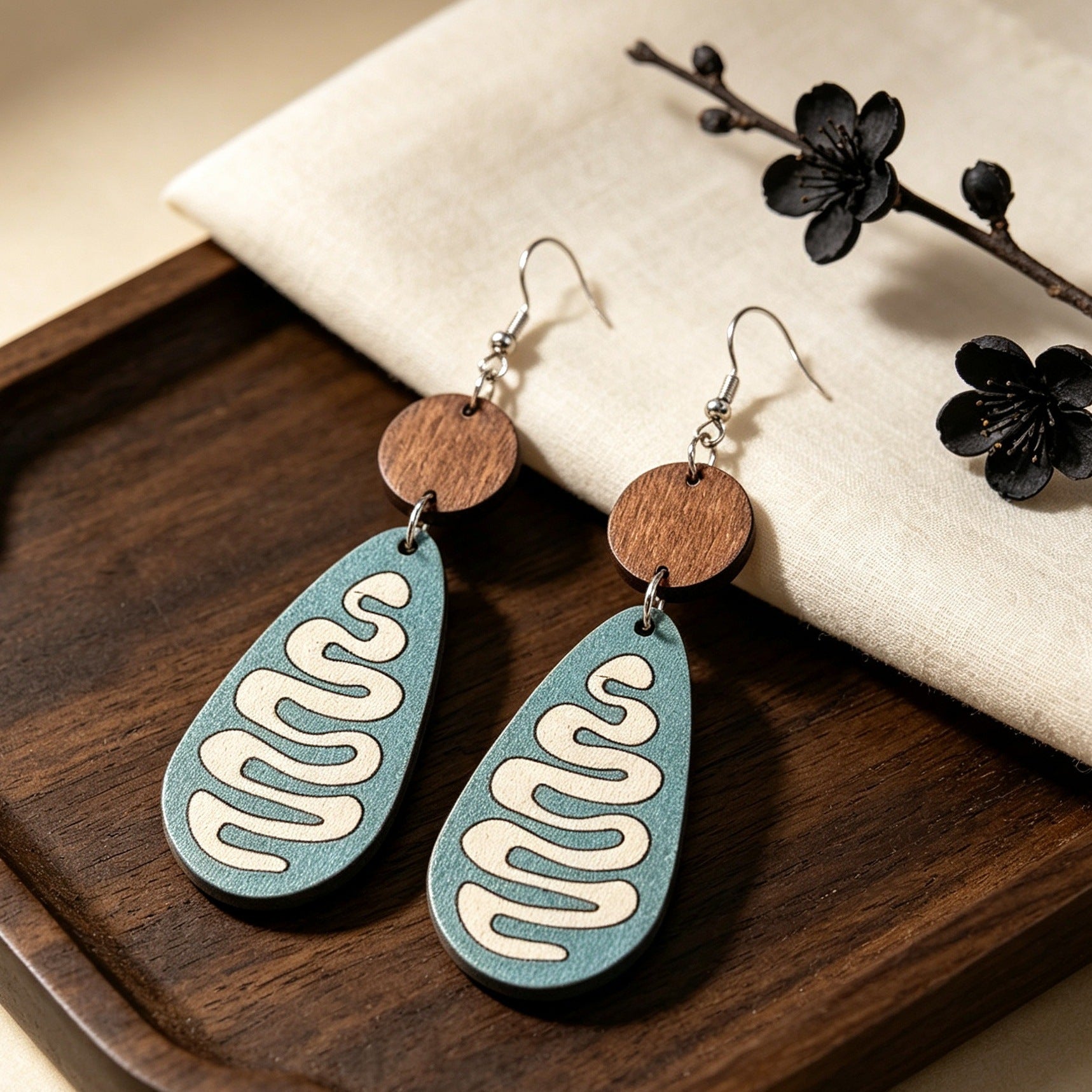 Wholesale Wooden Drop Earrings Retro Bohemian Green Snake Print Teardrop Earrings Jewelry Accessory For Boutique Resale