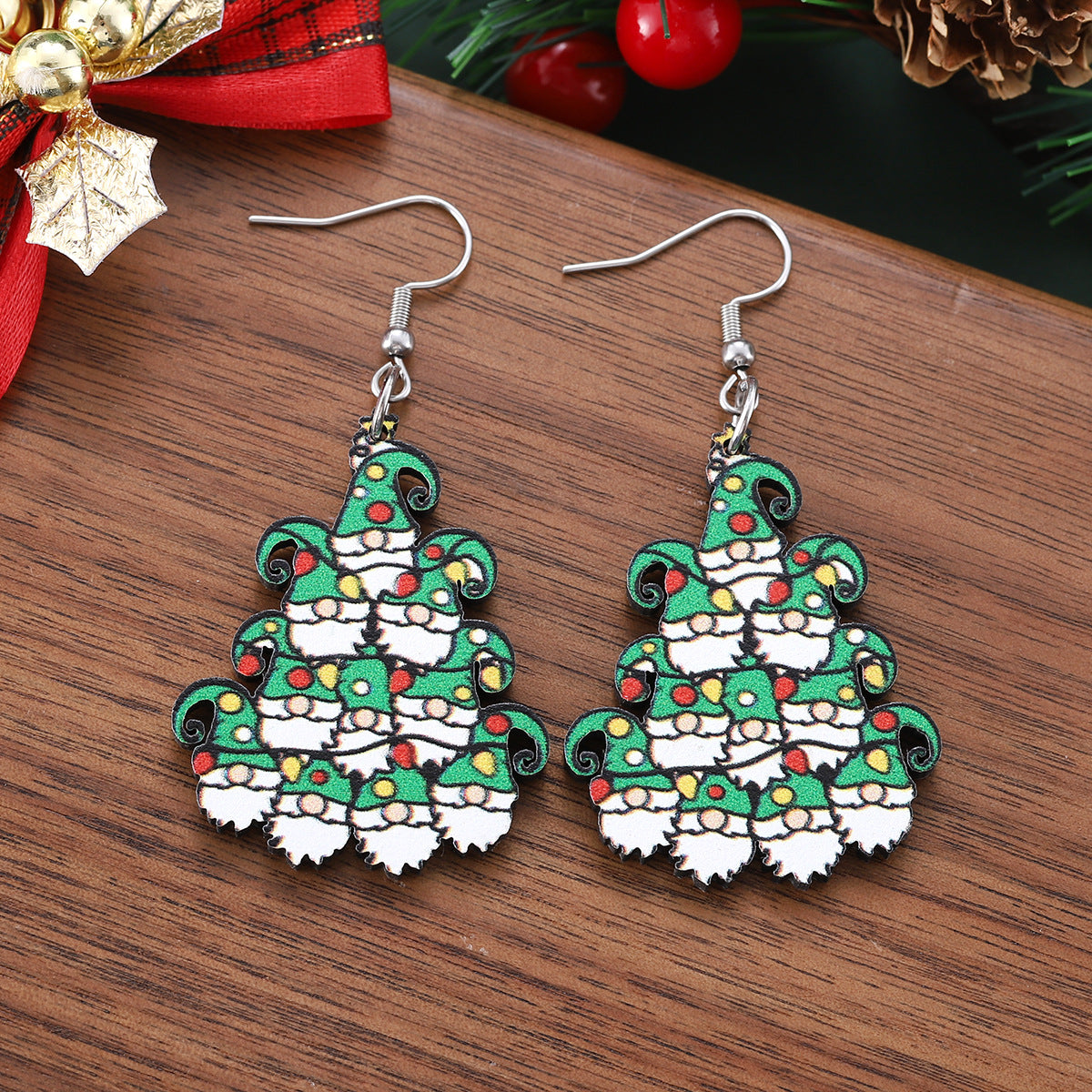 Wholesale hristmas lights dwarf Christmas tree pendant earrings wooden double-sided earrings