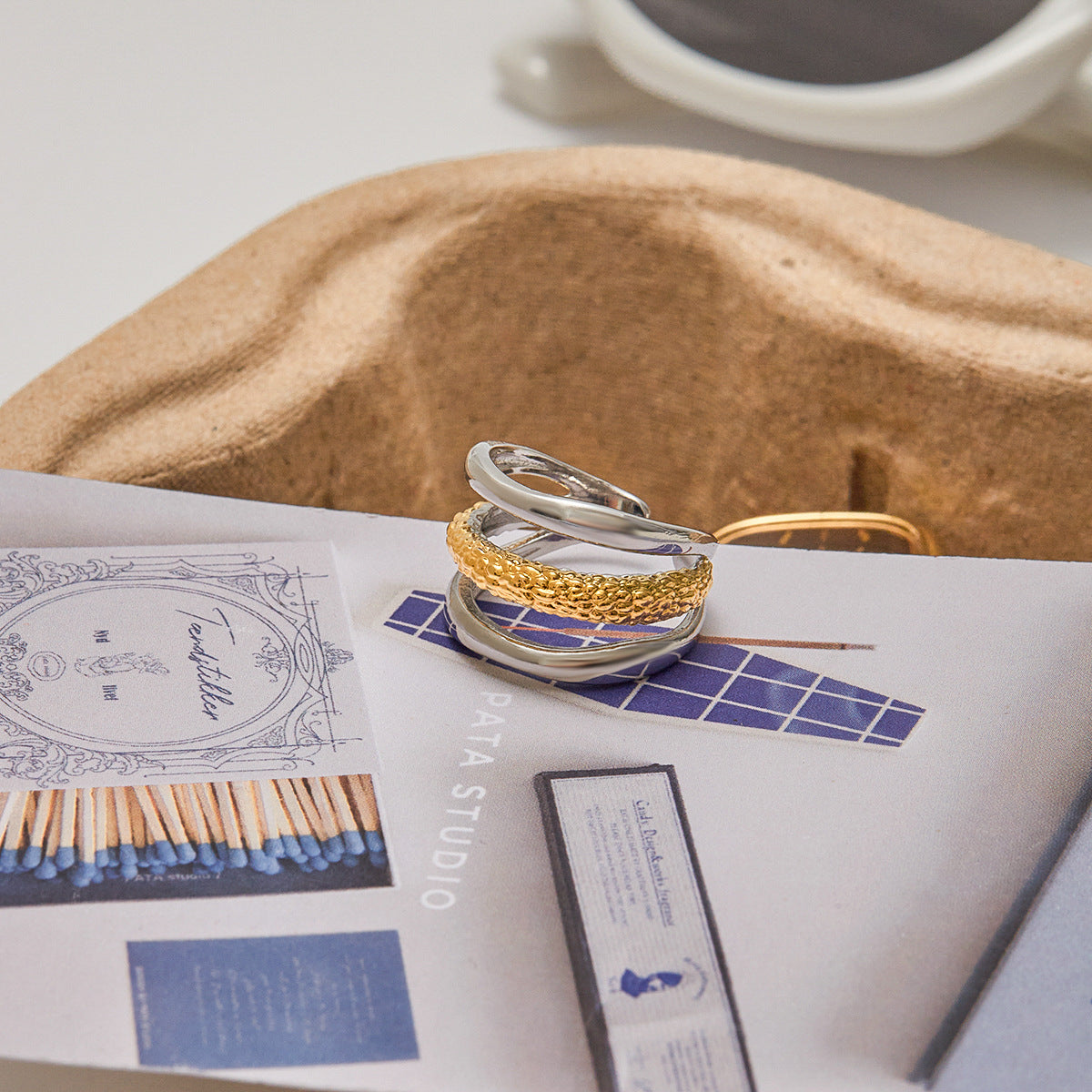 Wholesale 18K gold and stainless steel gold and silver three-layer hollow  open ring