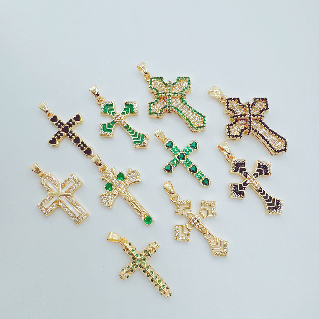 Wholesale Retro Cross Pendant Necklace Gold Plated Copper Zirconium Stylish Jewelry Accessory