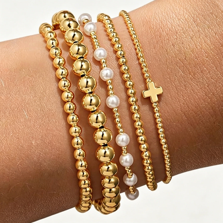 Wholesale Women' s Gold-Plated Contion Pearl Bead Elastic Bracelet Set - Fashion Jewelry Accessory