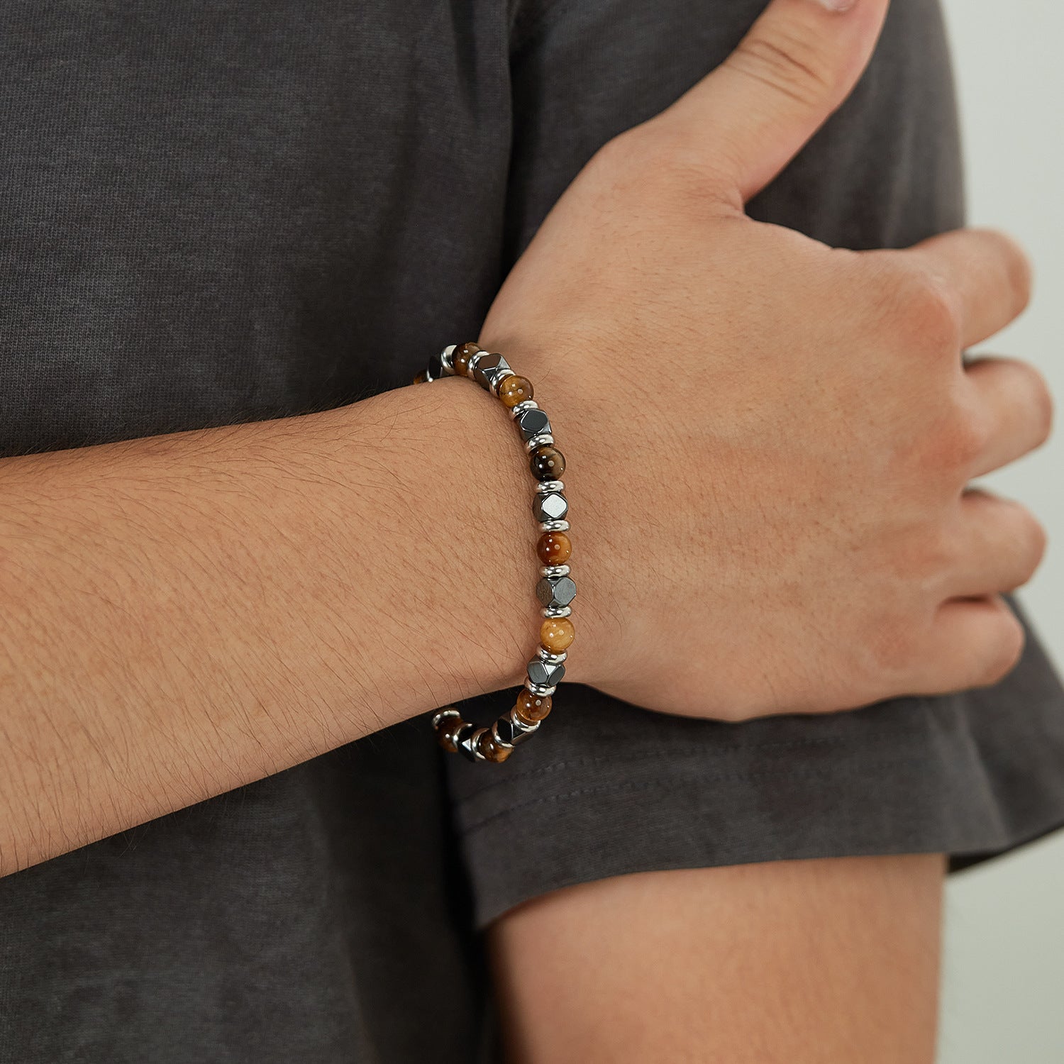 Wholesale  tiger eye stone stitching black stone stainless steel bracelet