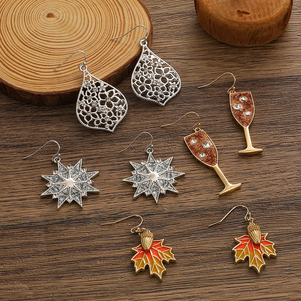 Wholesale Diamond wine glass earrings pastoral vintage leaves snowflake alloy earrings