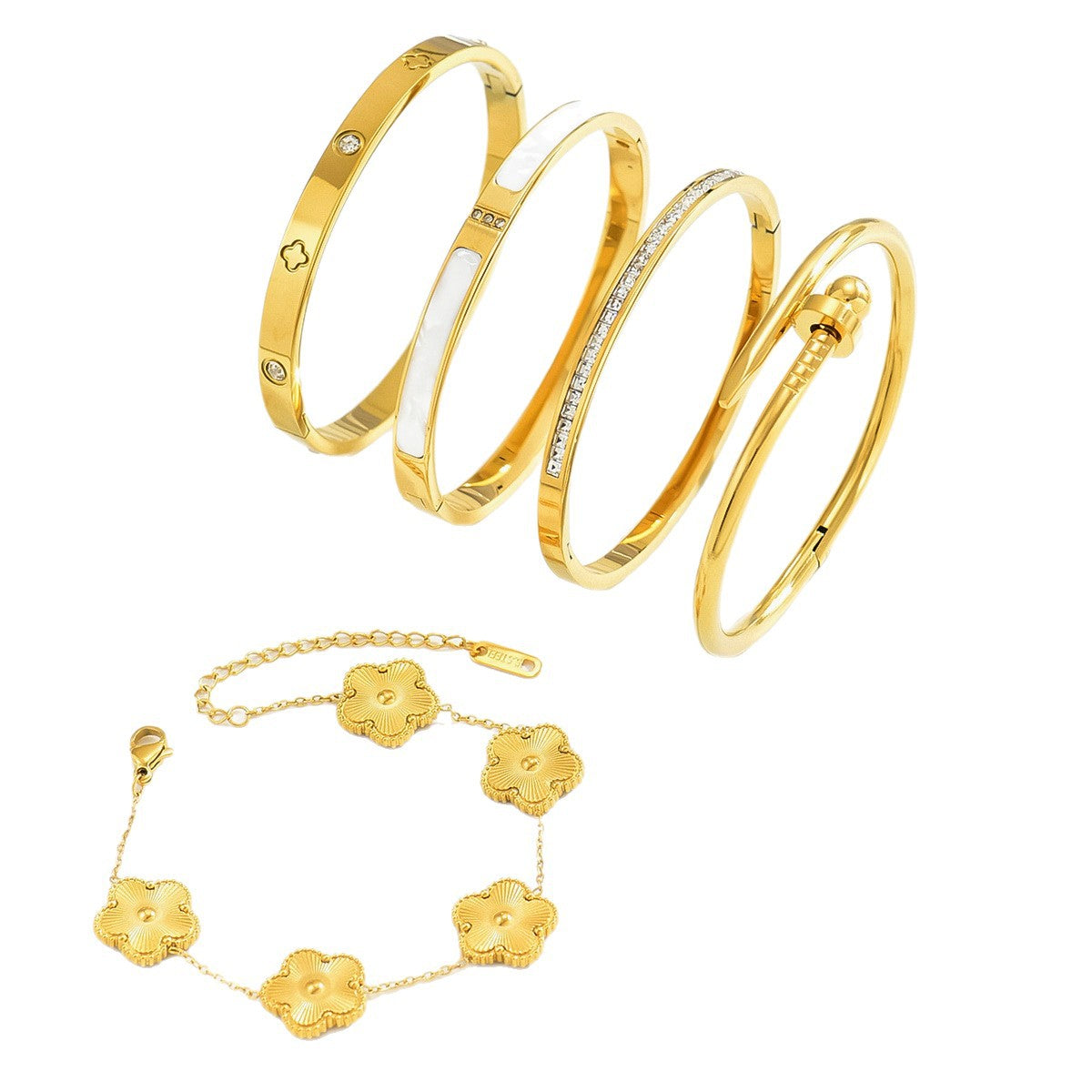 Wholesale Gold Electroplated Titanium Steel Four-Leaf Clover Bracelet Set – Fashion Accessory Gift