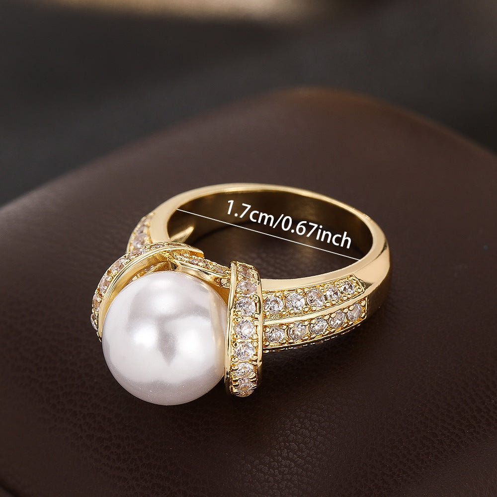 Wholesale Elegant Zircon Pearl Gold Plated Ring For Women Stylish Wedding Jewelry Fashion Accessory Boutique Resale