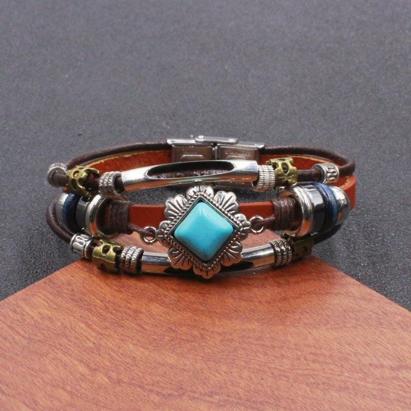 Wholesale Handwoven Leather Turquoise Bracelet Men Unisex Trendy Jewelry Accessory