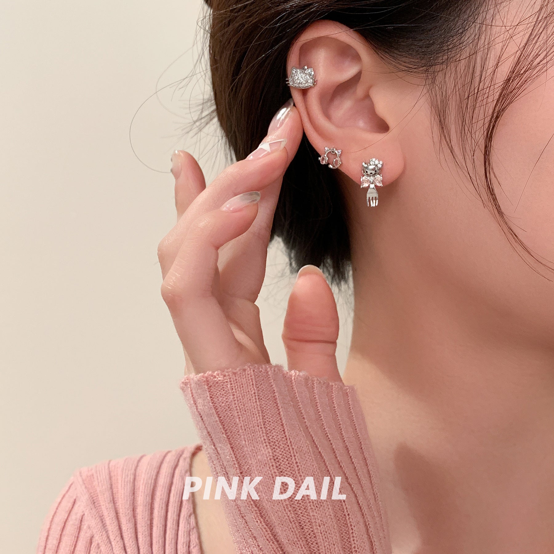 Wholesale Titanium Steel Full Diamond Cat Earrings