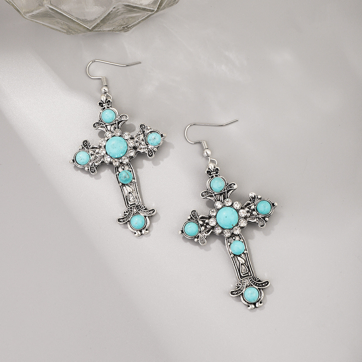 Wholesale Fashion New Cross turquoise earrings retro personalized creative distressed earrings