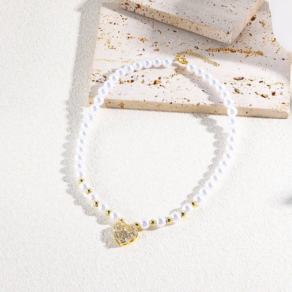 Wholesale  Love Zircon Pearl Necklace  Copper Plated 18K Gold Ladies Pearl Necklace