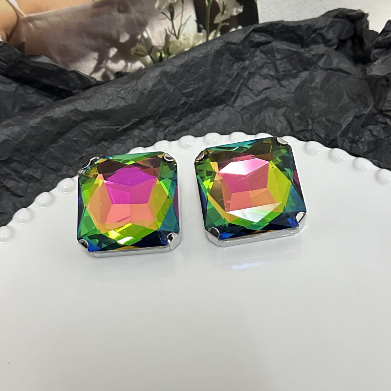 Wholesale Square Octagonal Glass Moonlight Crystal Large Solitaire Earrings