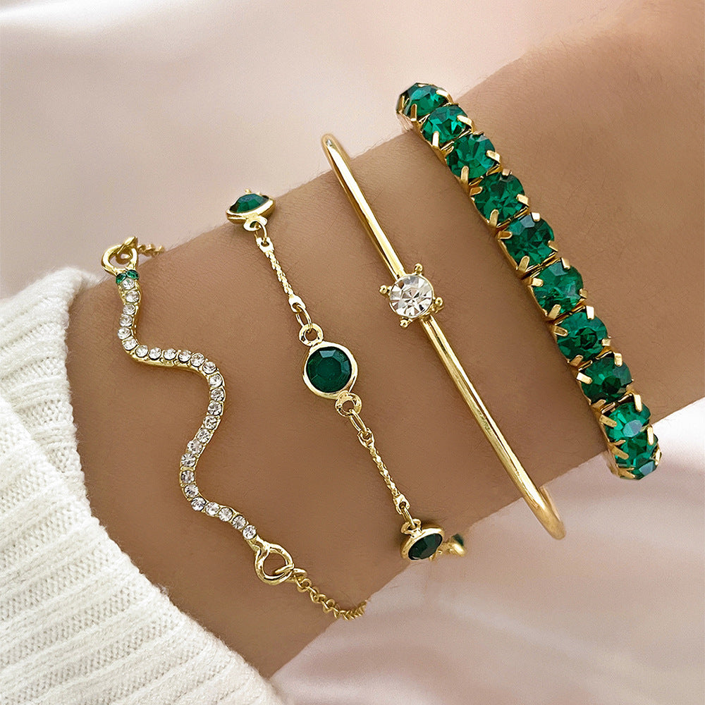 Wholesale Simple Emerald Green Diamond Bracelet Set - 4-Piece Elastic Snake Chain Bracelets for Women Fashion Accessory