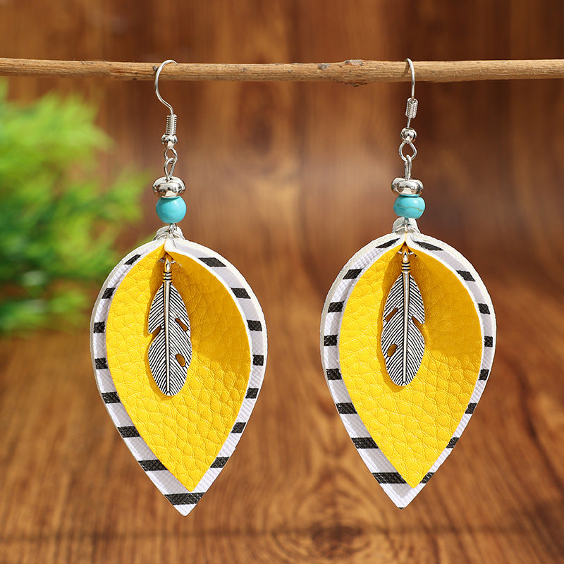 Wholesale Bohemian-Style Bright Yellow Color-Block Striped Leather Earrings