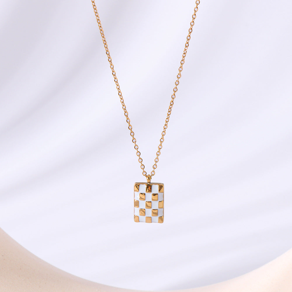 Wholesale Stainless steel Square Oil Drop Plaid Chessboard Personality Necklace