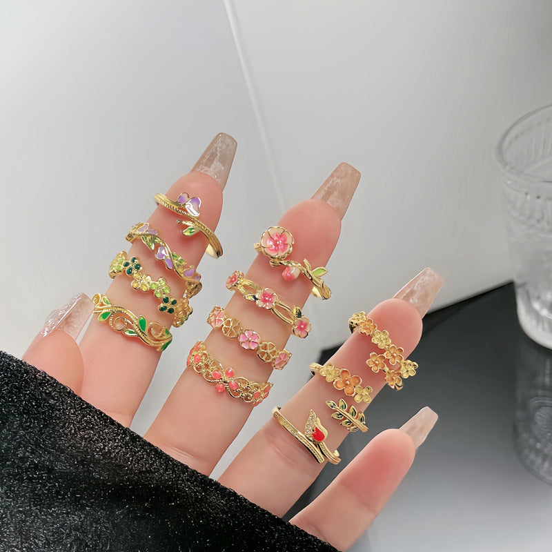 Wholesale Retro  Flower Leaf Dropping Glaze Fashion Opening Ring