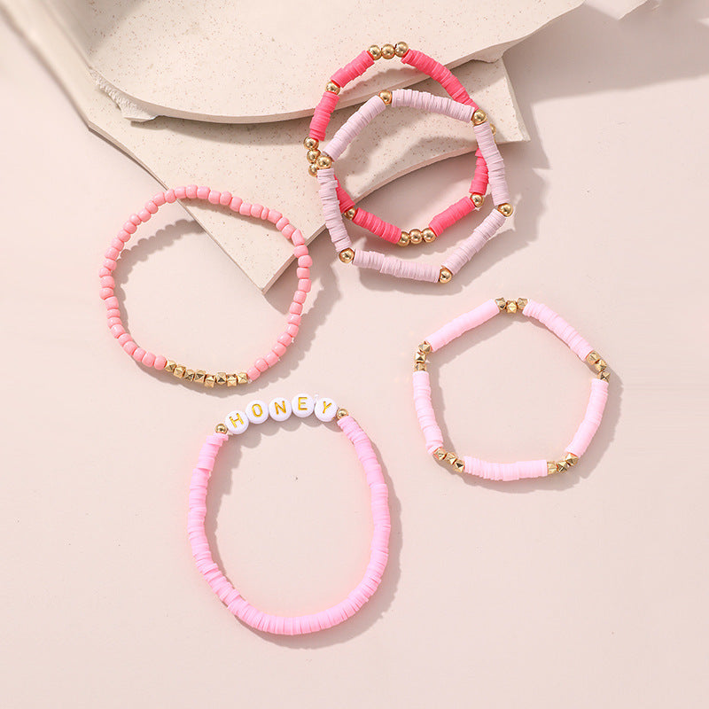 Wholesale Valentine's Day Pink soft pottery letters bracelet set