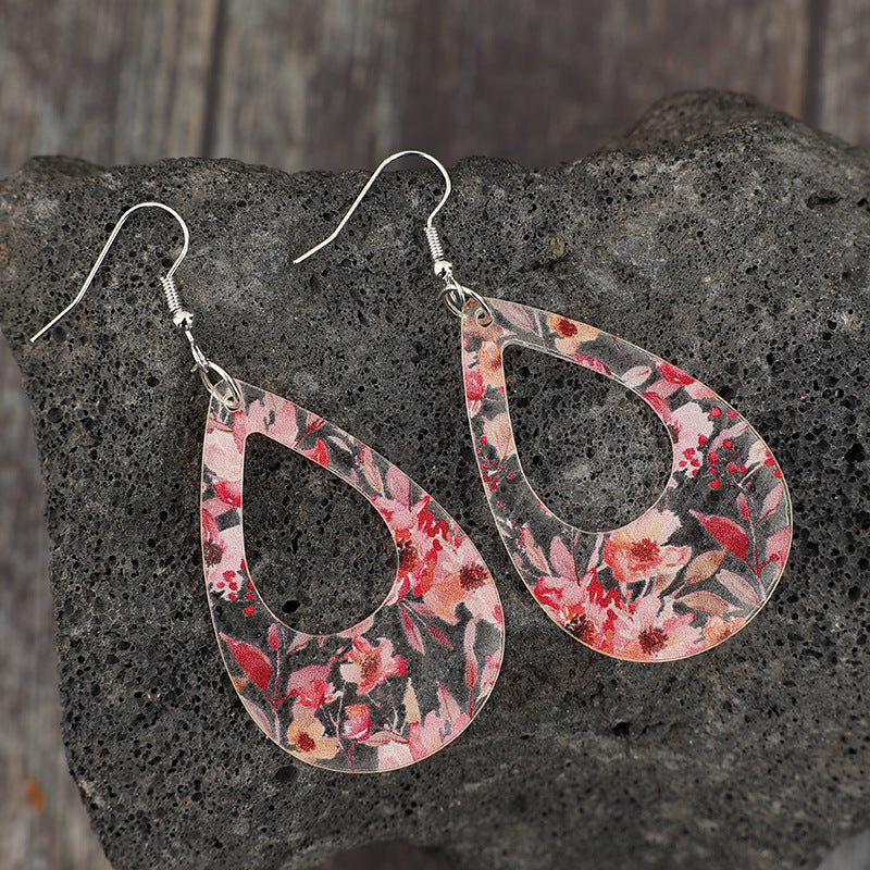 Wholesale hollow water drop printing flower acrylic ladies earrings