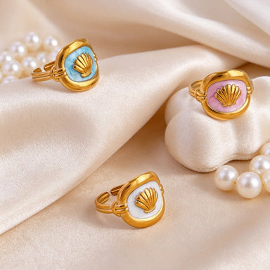 Wholesale Shell Flower Oil Drop Blue Ring Stainless Steel Women S Fashion Jewelry Accessory