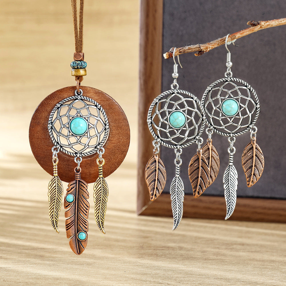 Wholesale Dream Catcher  Web Earrings and Necklace Set,  Alloy with Feather Tassel,  Ethnic Style Jewelry for Gift,  Party,  or Resale