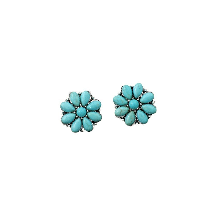 Wholesale Retro Bohemian Flower Silver Inlaid Turquoise Earrings for Everyday Wear Fashion Accessory