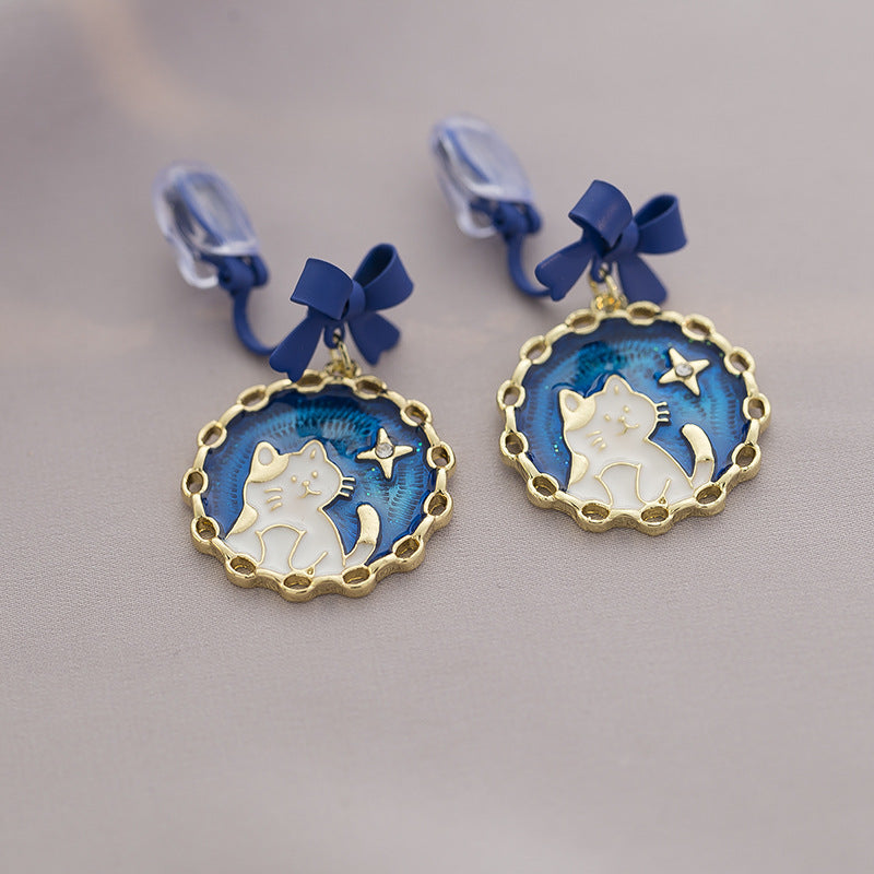Wholesale Alloy Blue Bow Cat Earrings Japanese Style Clip On Cute Kitten Design Everyday Gift