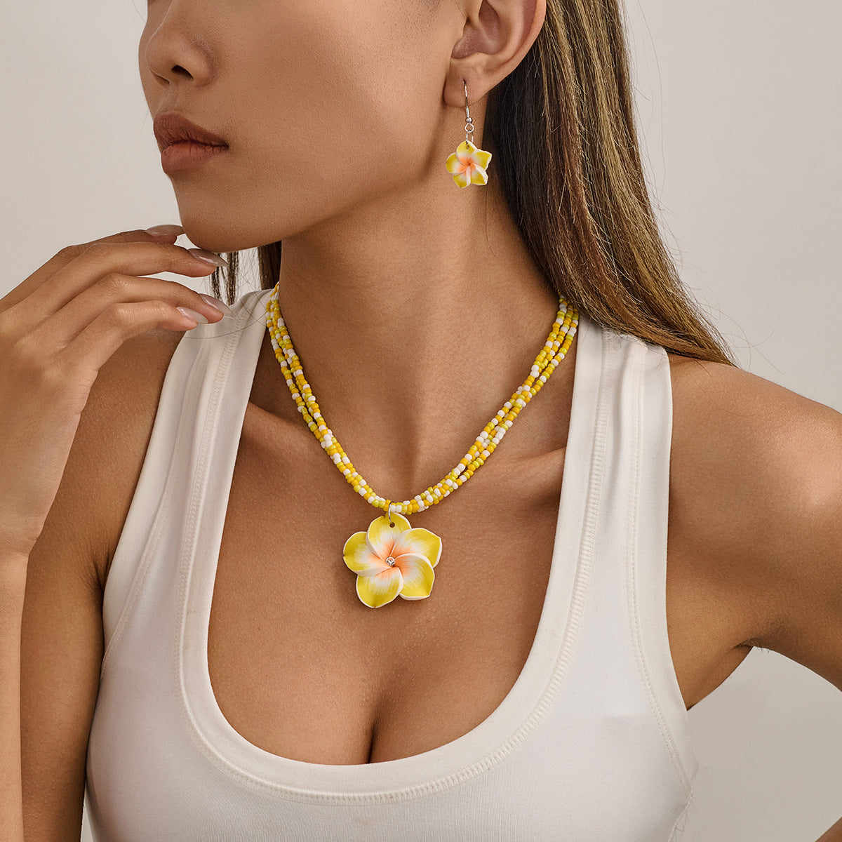 Wholesale Handmade Bohemian Soft Clay Flower Jewelry Set With Seed Beads Earrings And Necklace Vacation Fashion Accessory