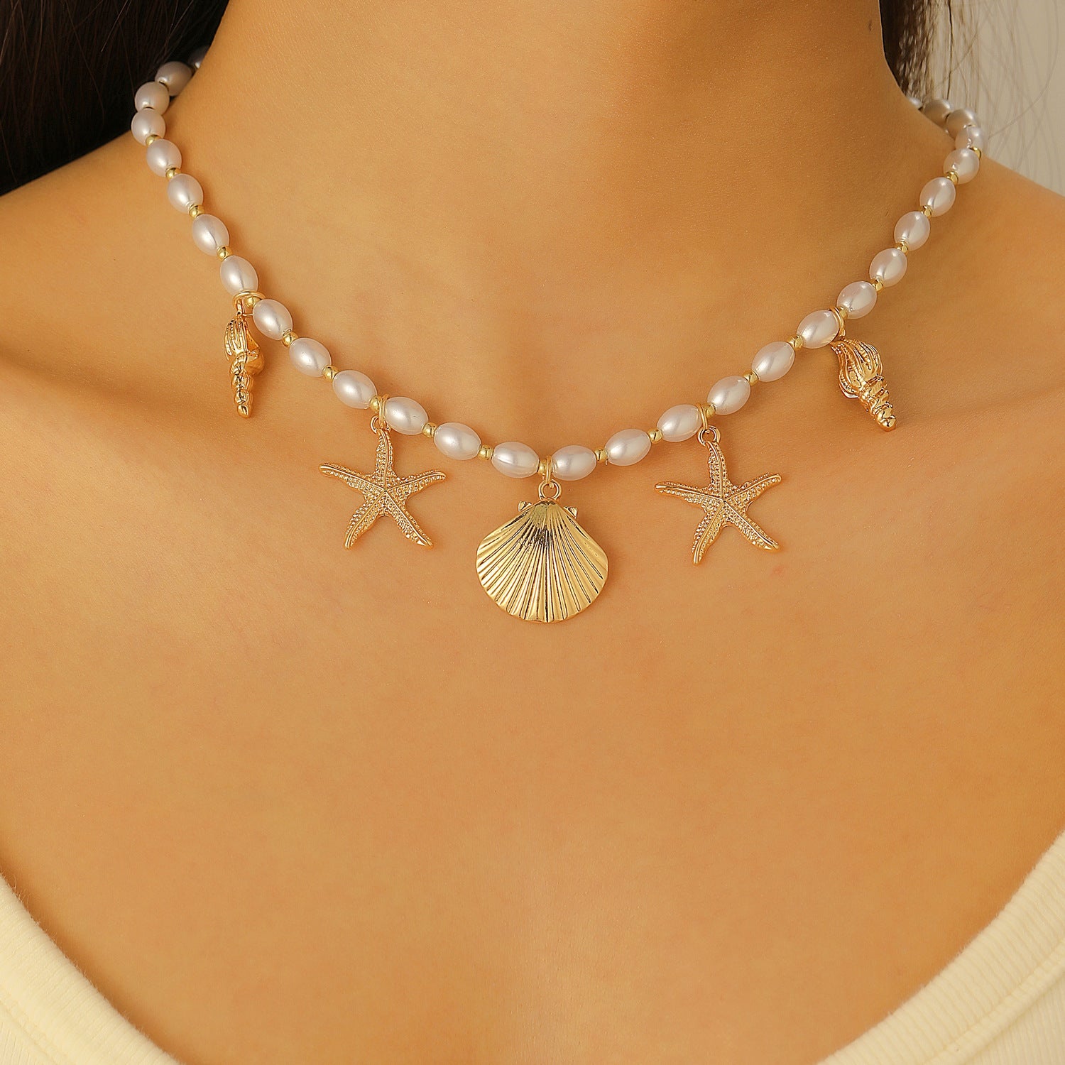 Wholesale Bohemian Summer Beach Shell Necklace And Bracelet Set Faux Pearl Starfish Conch Women S Fashion Jewelry Accessory