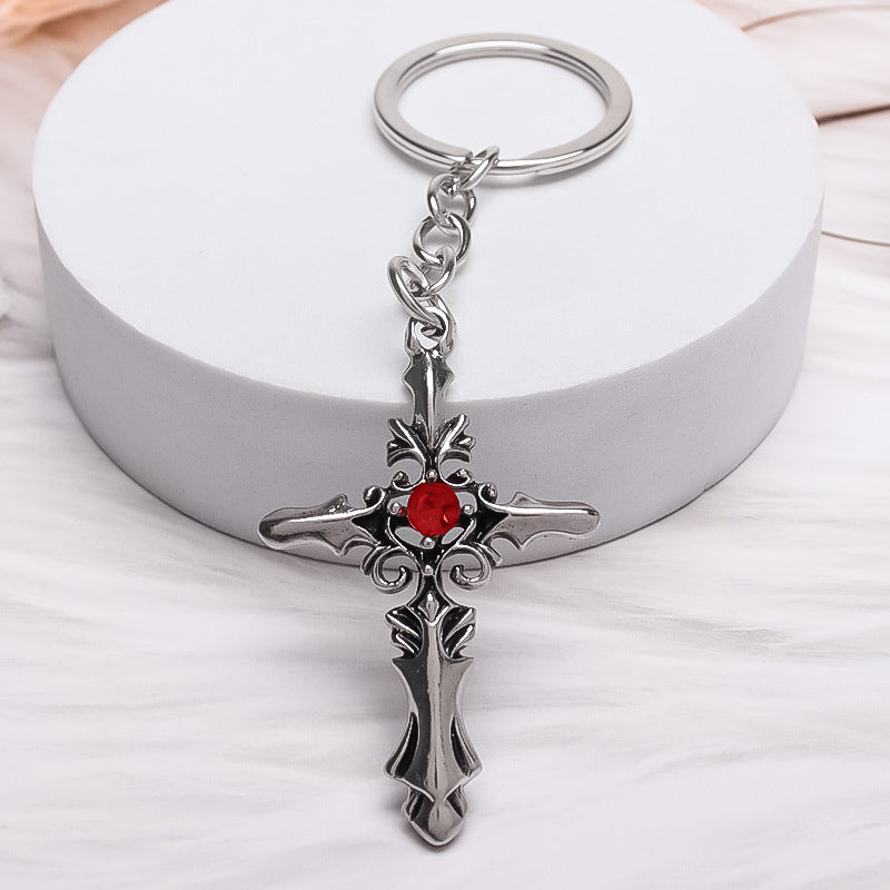 Wholesale Punk Alloy Diamond Cross Keychain Silver Plated Decorative Key Ring Fashion Accessory For Gift