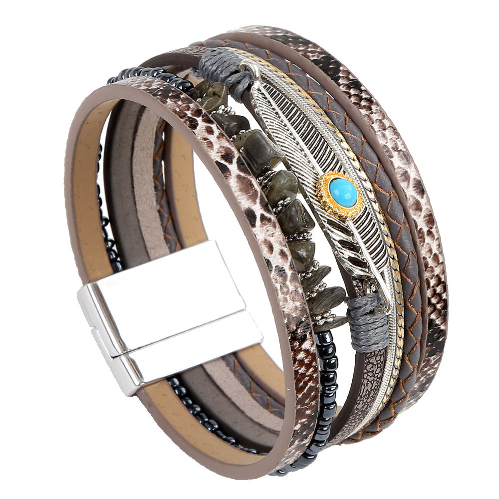 Wholesale Creative Vintage Boho Gravel Feather Leather Bracelet Bohemian ACC-BT-Hongx008