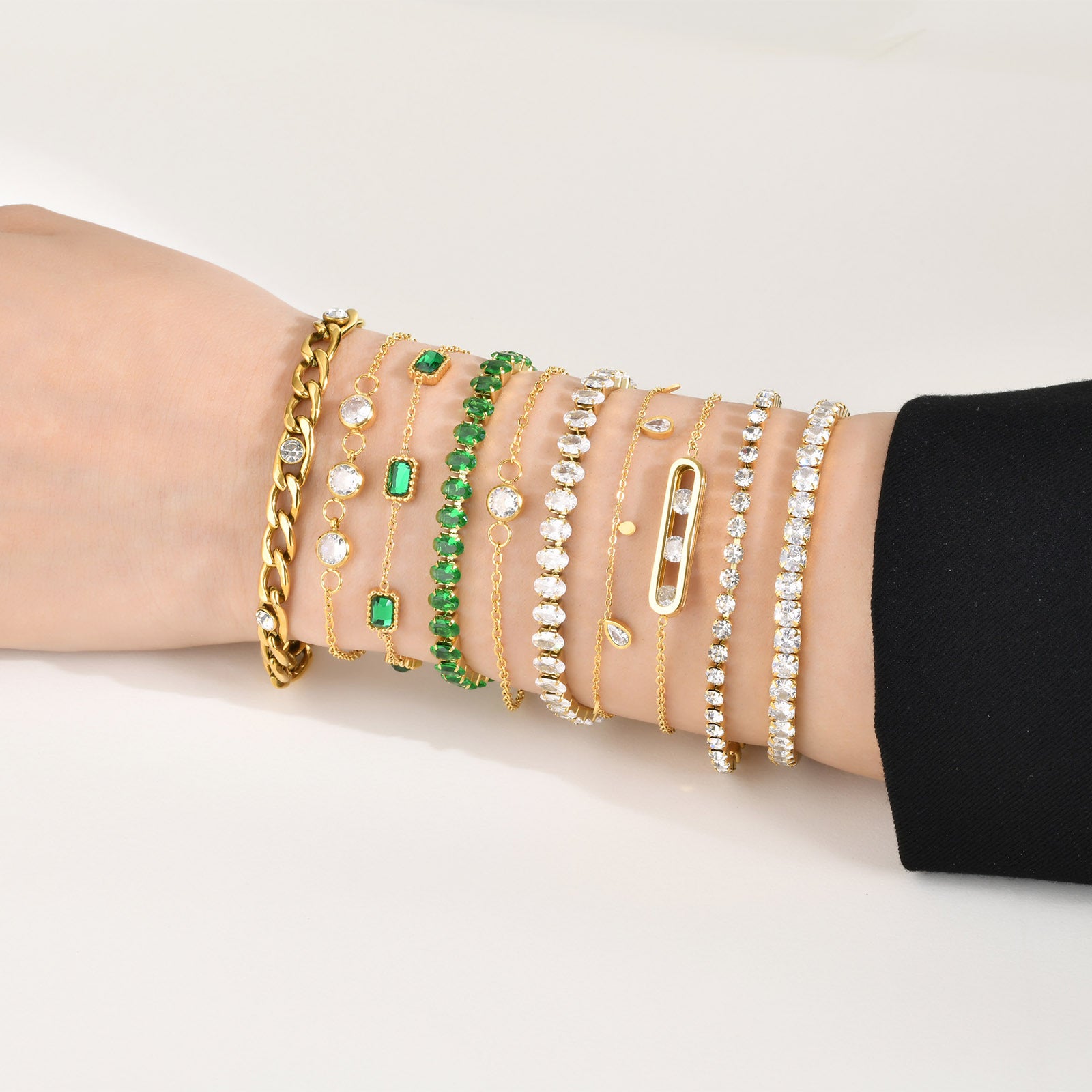 Wholesale Stainless Steel Gold Green Zircon Layered Bracelet For Women Stylish Fashion Jewelry Accessory Gift