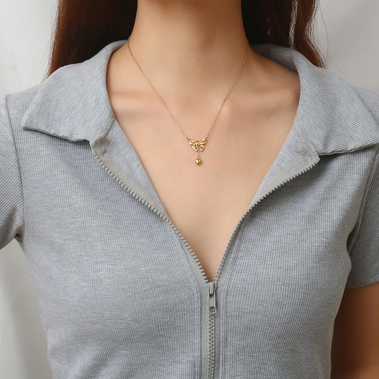 Wholesale Retro Bow Pendant Necklace Stainless Steel Boutique Resale Jewelry for Women