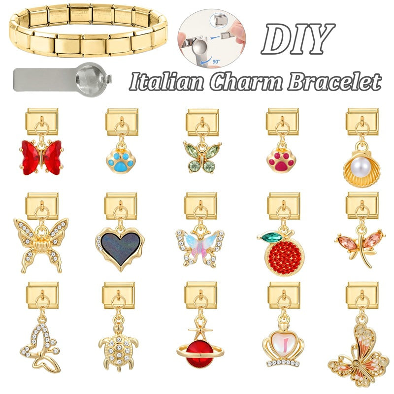 Wholesale Italian Charm Bracelet 9mm DIY Splicing Gold Butterfly Pendant Stainless Steel Composable Bracelet