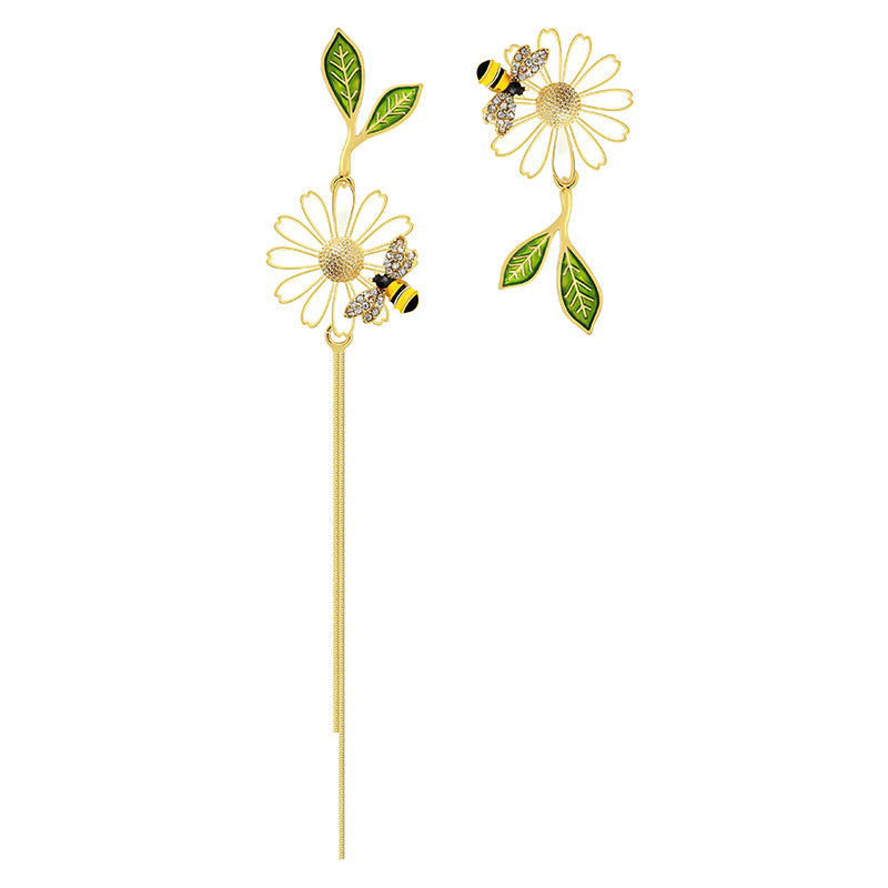 Wholesale  flowers bees painted oil leaves asymmetric long tassel earrings