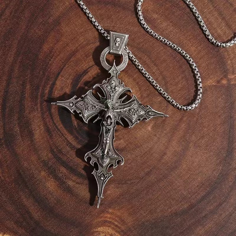 Wholesale Vintage Gothic Skull Cross Pendant Necklace Titanium Steel Chain Punk Style Jewelry