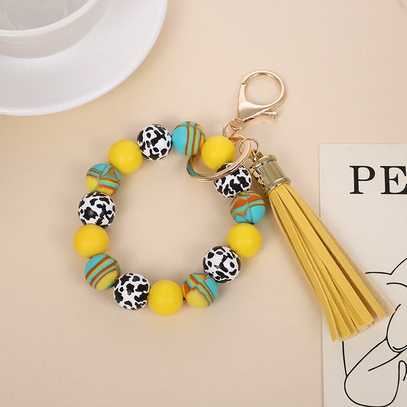 Wholesale Retro Silicone Bead Bracelet Keychain With PU Tassel Mint Green Geometric Print Chic Fashion Accessory For Everyday Use