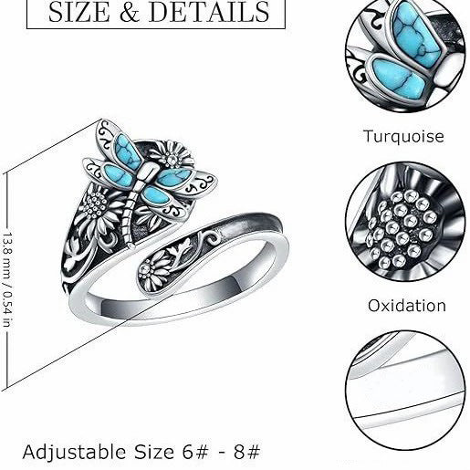 Wholesale Vintage Bohemian Winding Ring with Turquoise Dragonfly and Sunflower Design Women' s Fashion Jewelry Accessory