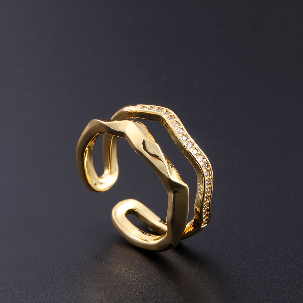 Wholesale European Fashion Sparkling Gold Plated Copper Zircon Open Ring Geometric Chic Jewelry Accessory Gift