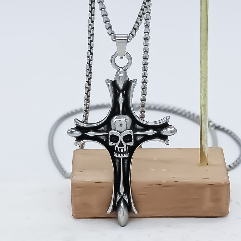 Wholesale Alloy Silver Punk Skull Cross Pendant Necklace Fashion Jewelry Accessory For Everyday