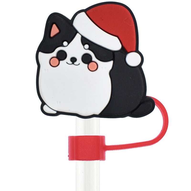 Wholesale Random 100pcs Christmas Cartoon Puppy 10mm PVC Soft Straw Tube Cap ACC-SCR-RYY094