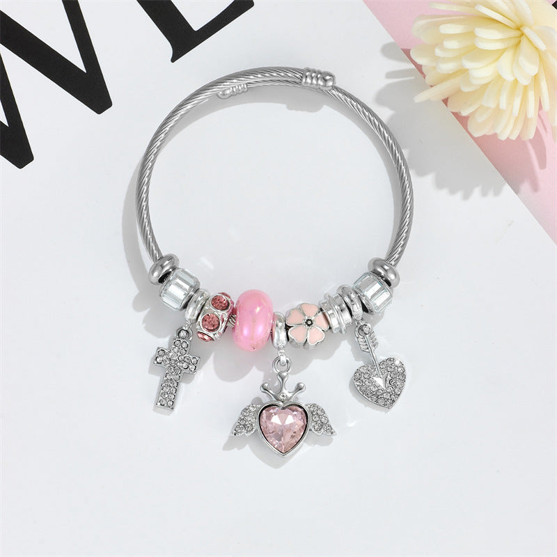 Wholesale Heart Shape Crystal Cross Rhinestone Beaded Stainless Steel Bracelet ACC-BT-QingLian003