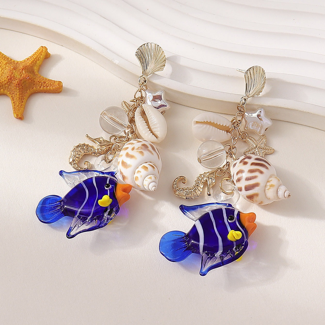 Wholesale Bohemian shell conch seahorse cute sea fish pendant earrings
