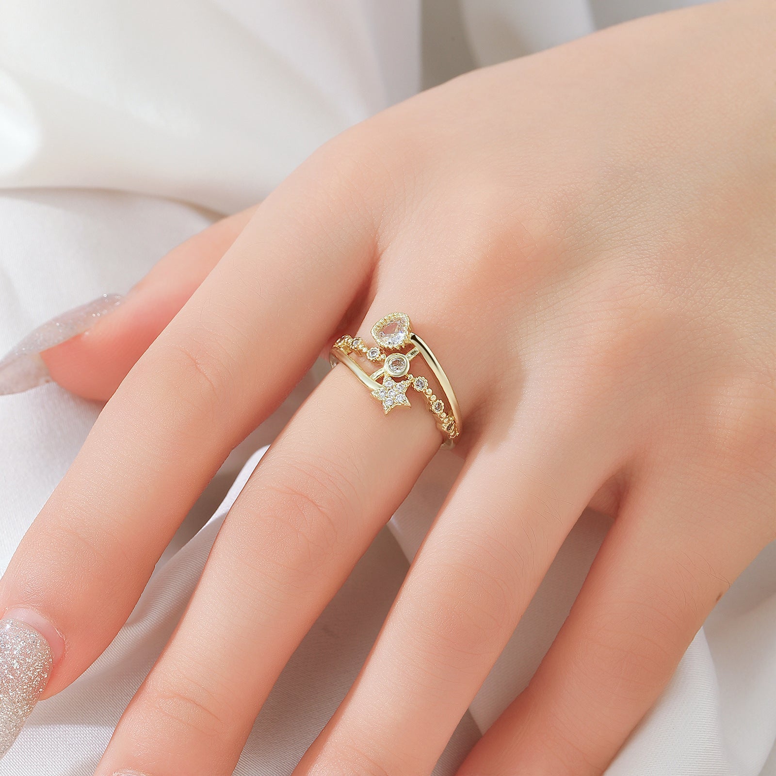 Wholesale Heart And Star Design Micro Set Zircon Women S Open Ring Boutique Resale Jewelry Accessory