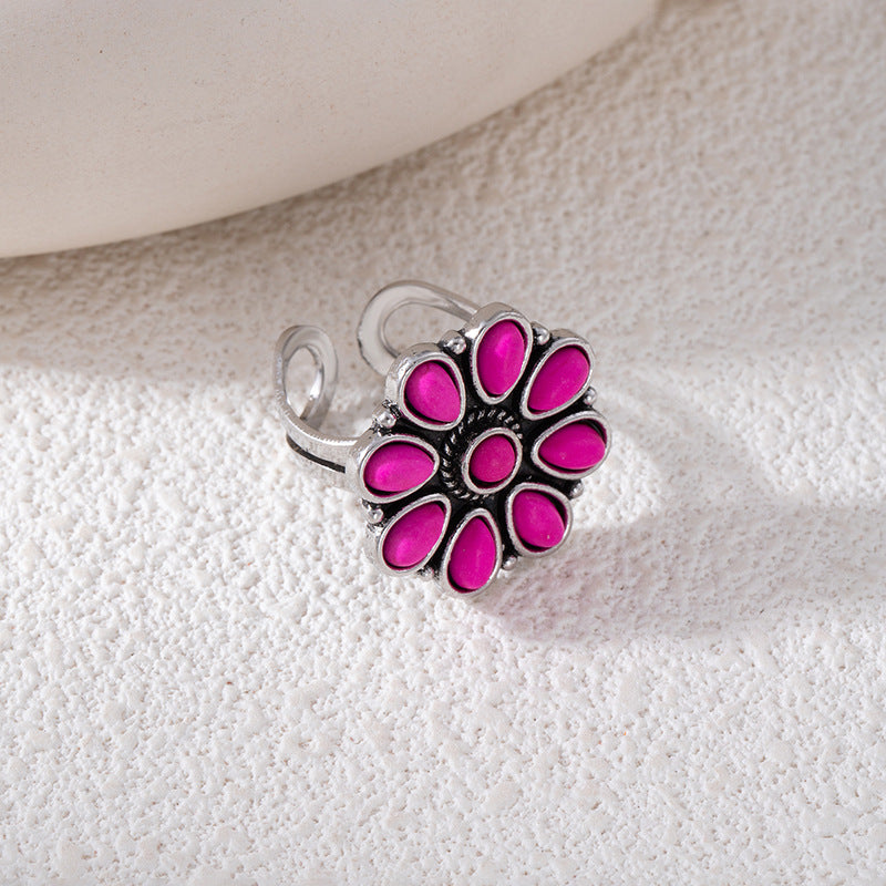 Wholesale Vintage Ethnic Flower Turquoise Open Ring Bohemian Style Jewelry Accessory for Boutique Resale