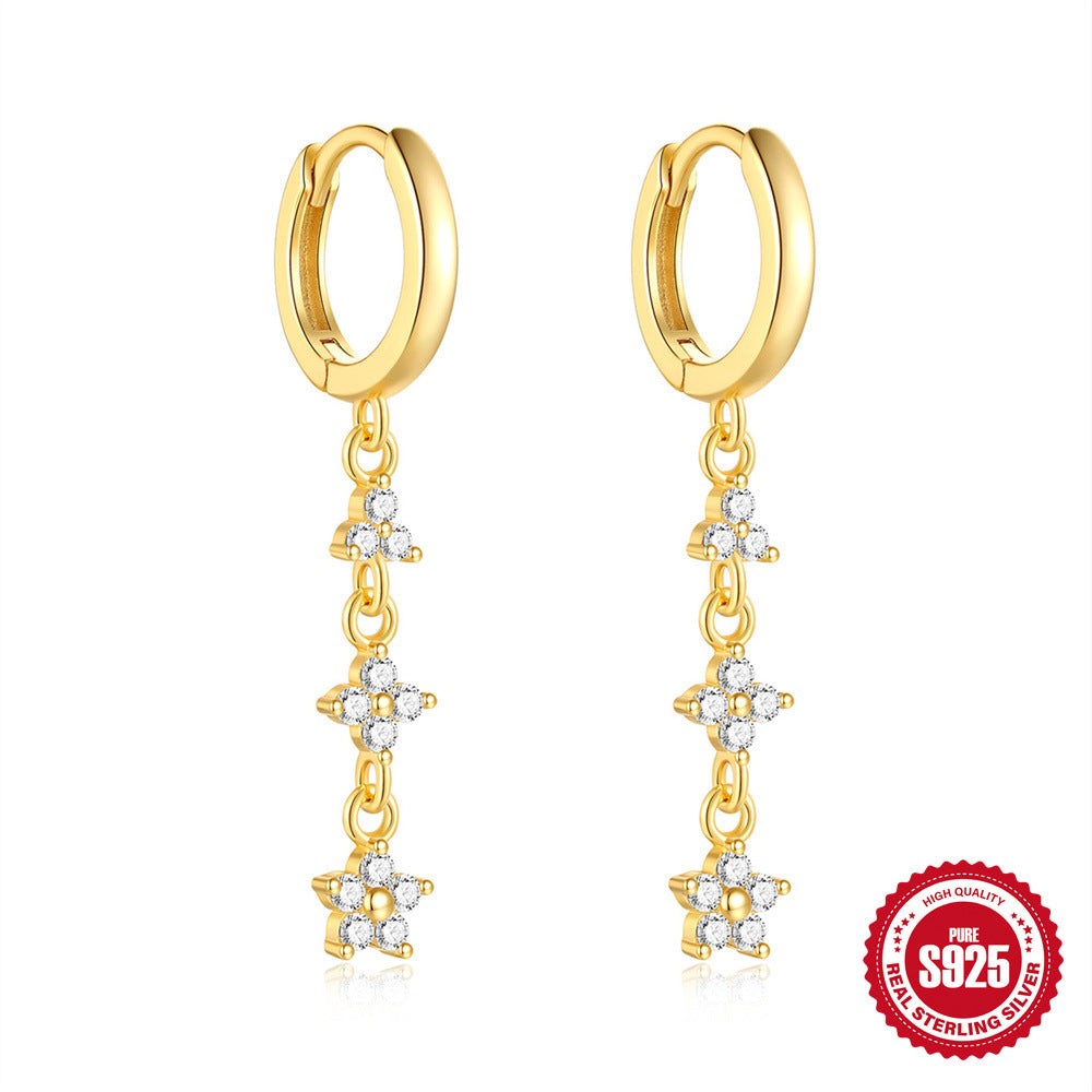 Wholesale New S925 Sterling Silver Delicate Diamond Floral Tassel Earrings