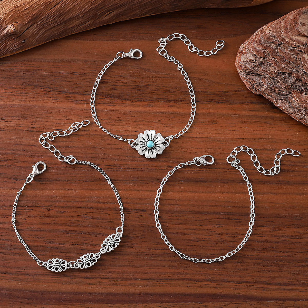Wholesale 3-piece Stackable Zinc Alloy Electroplated Bohemian Style Turquoise Flower Openwork Bracelet Set