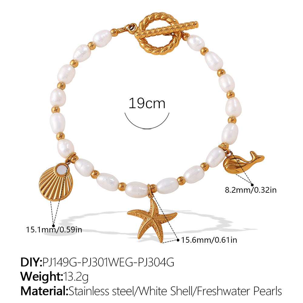 Wholesale  Fashion Creative Ocean Theme Freshwater Pearl DIY Dolphin Pendant Bracelet Plated with 18K Gold Niche Jewelry for Women