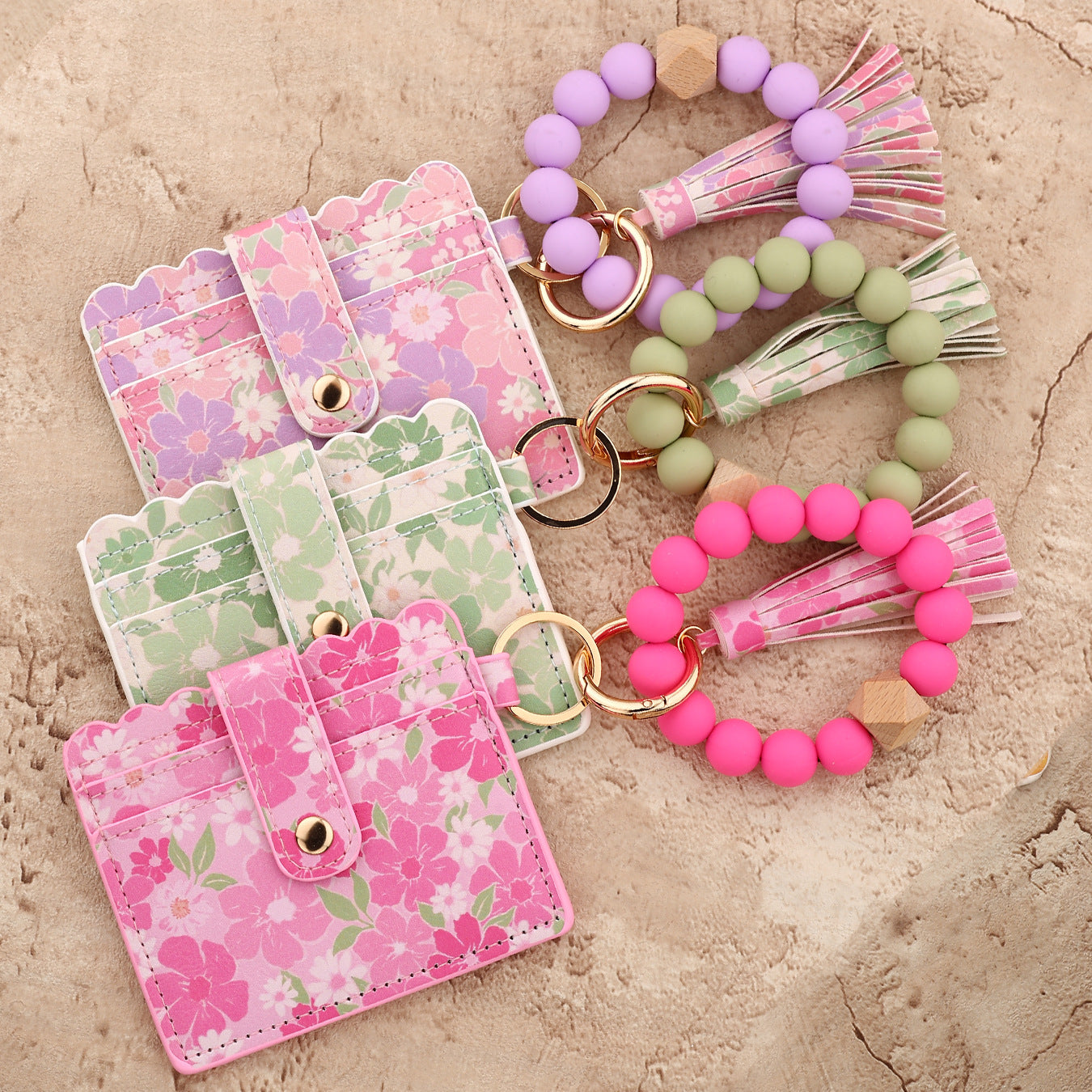 Wholesale silicone bead bracelet pink card holder Wristlet Keychain