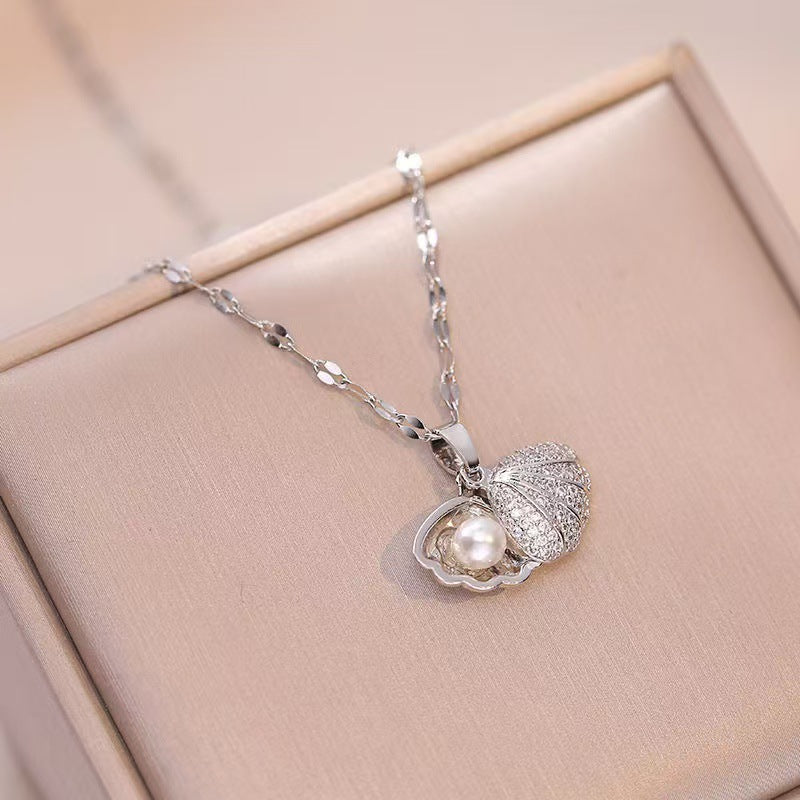 Wholesale Korean Style Shell Pearl Zircon Stainless Steel Necklace – Chic Jewelry Accessory for Women